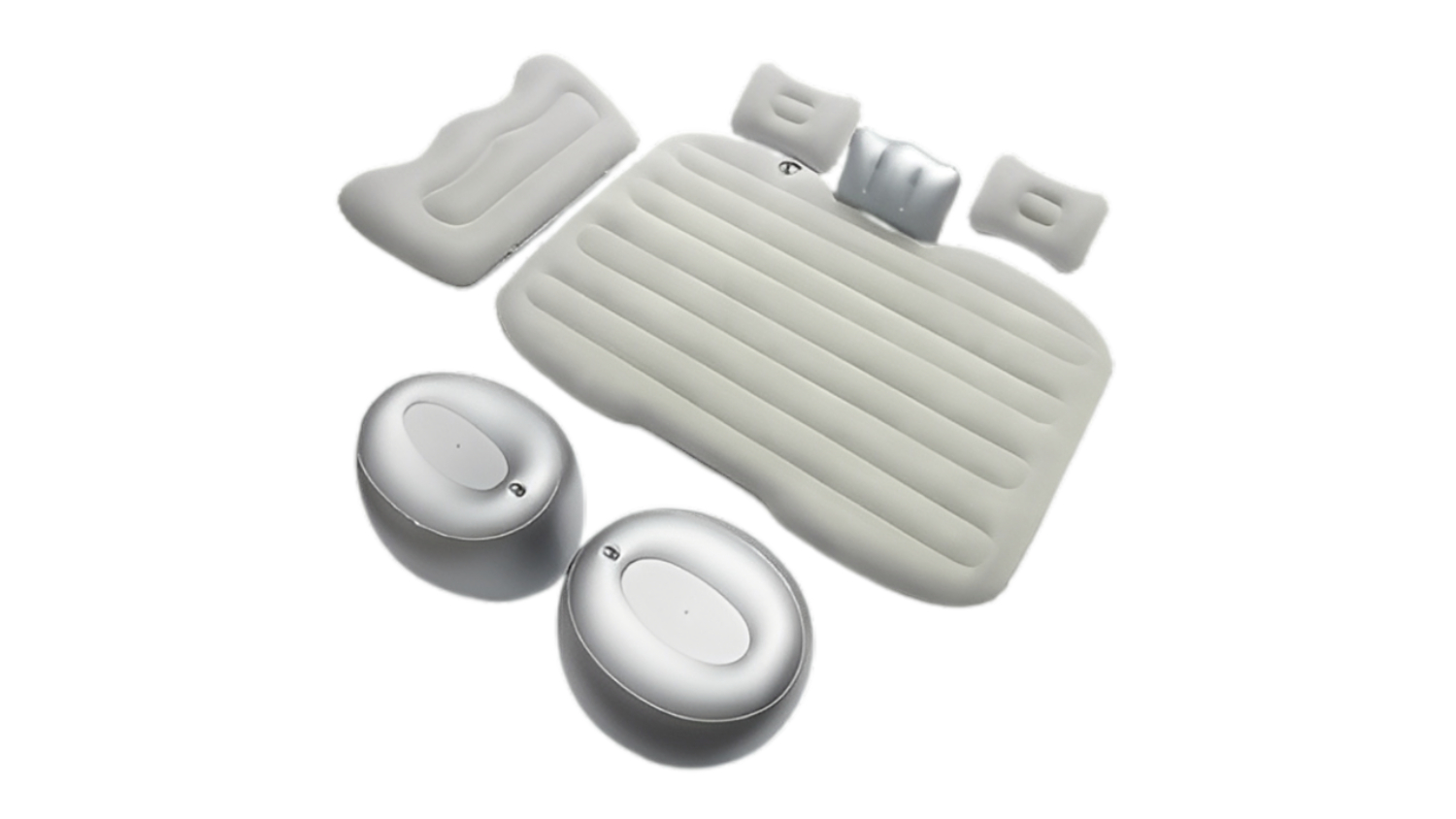 Full set of grey inflatable car bed accessories, including mattress, pillows, and air supports