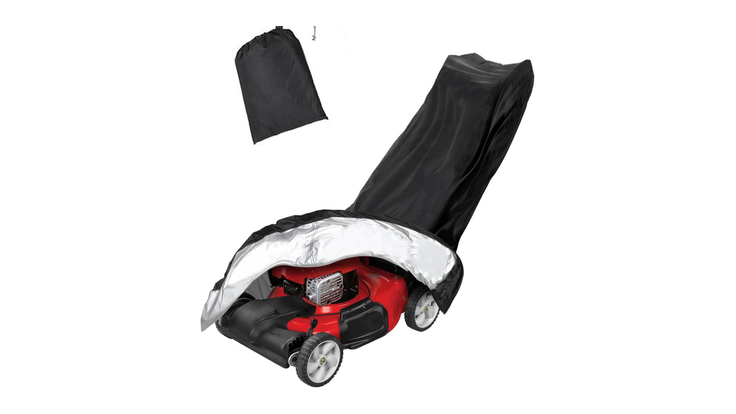 Red lawn mower partially covered by a black weatherproof cover with a silver lining and a storage bag