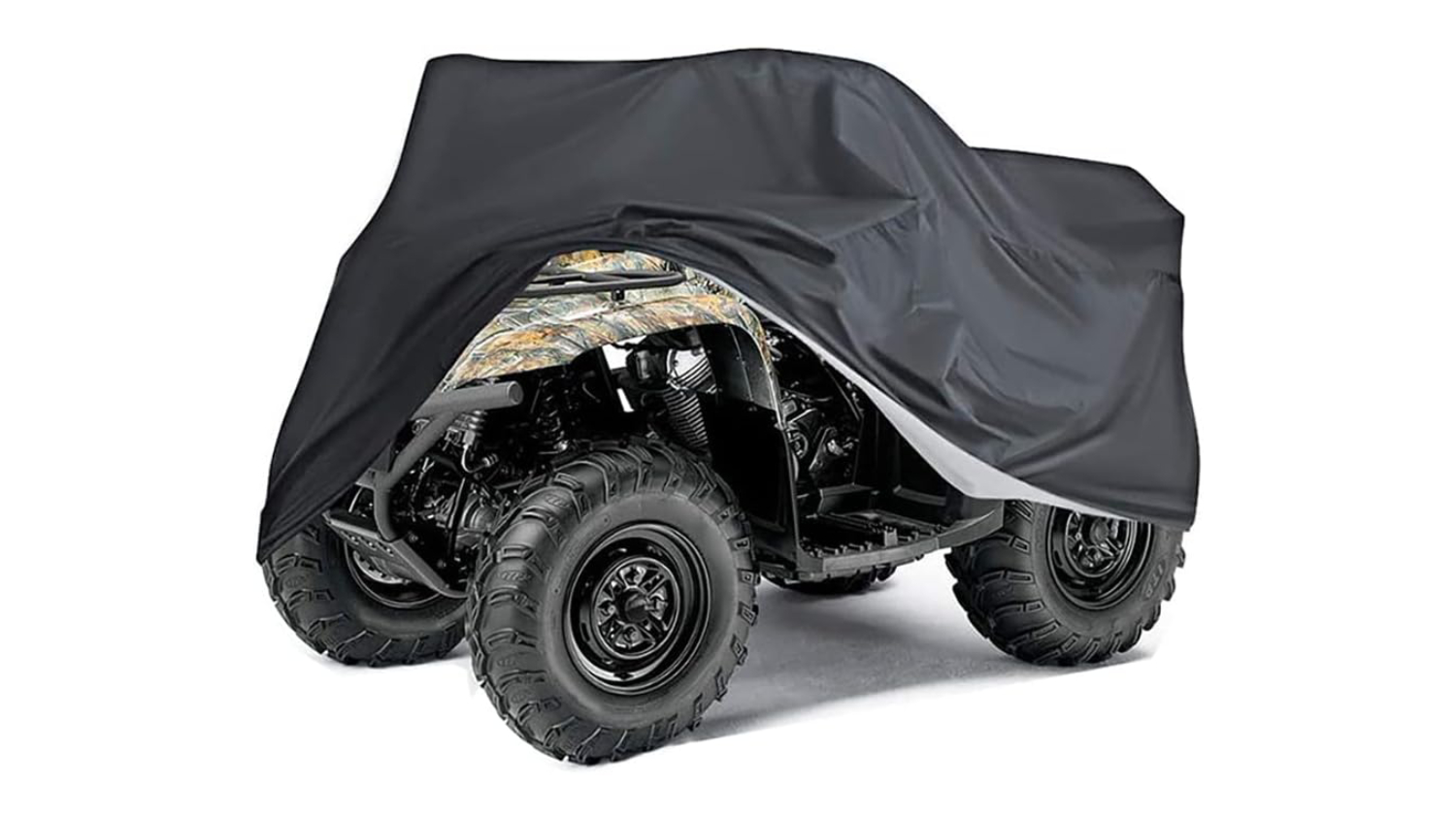 An ATV partially covered with a black weatherproof cover