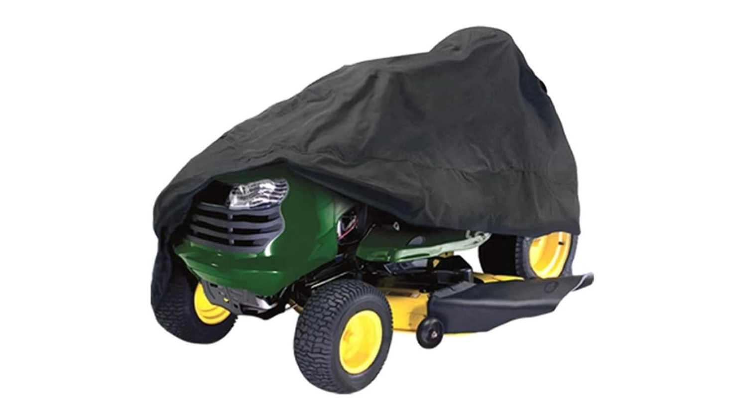 Green riding lawn mower partially covered with a black waterproof protective cover