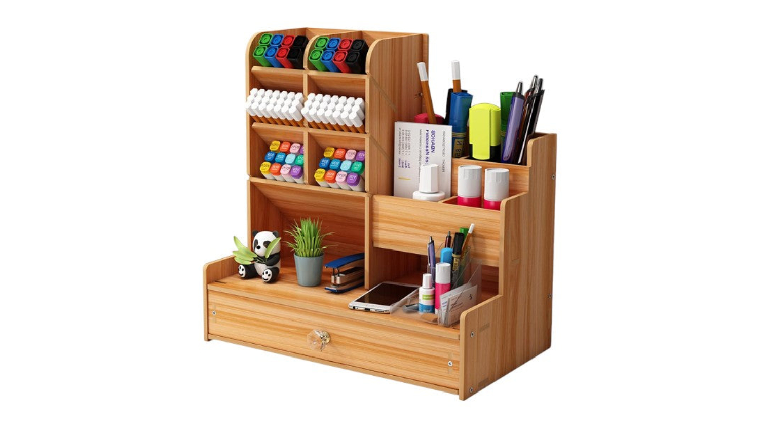 Wooden desk organiser with multiple compartments