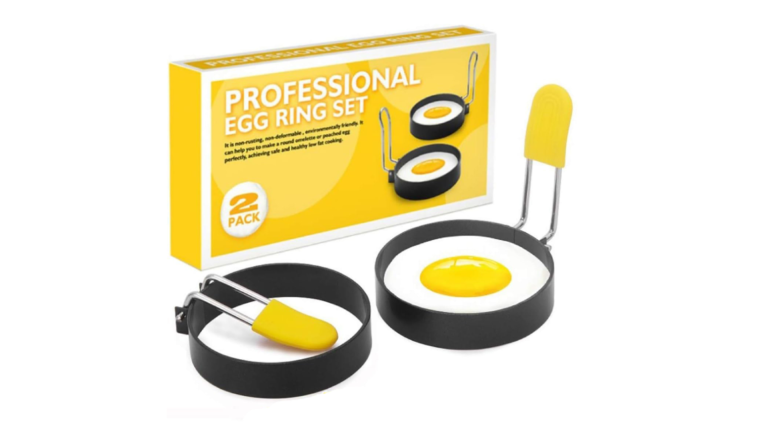 An egg ring set with two non-stick moulds and yellow handles was displayed beside a packaging box