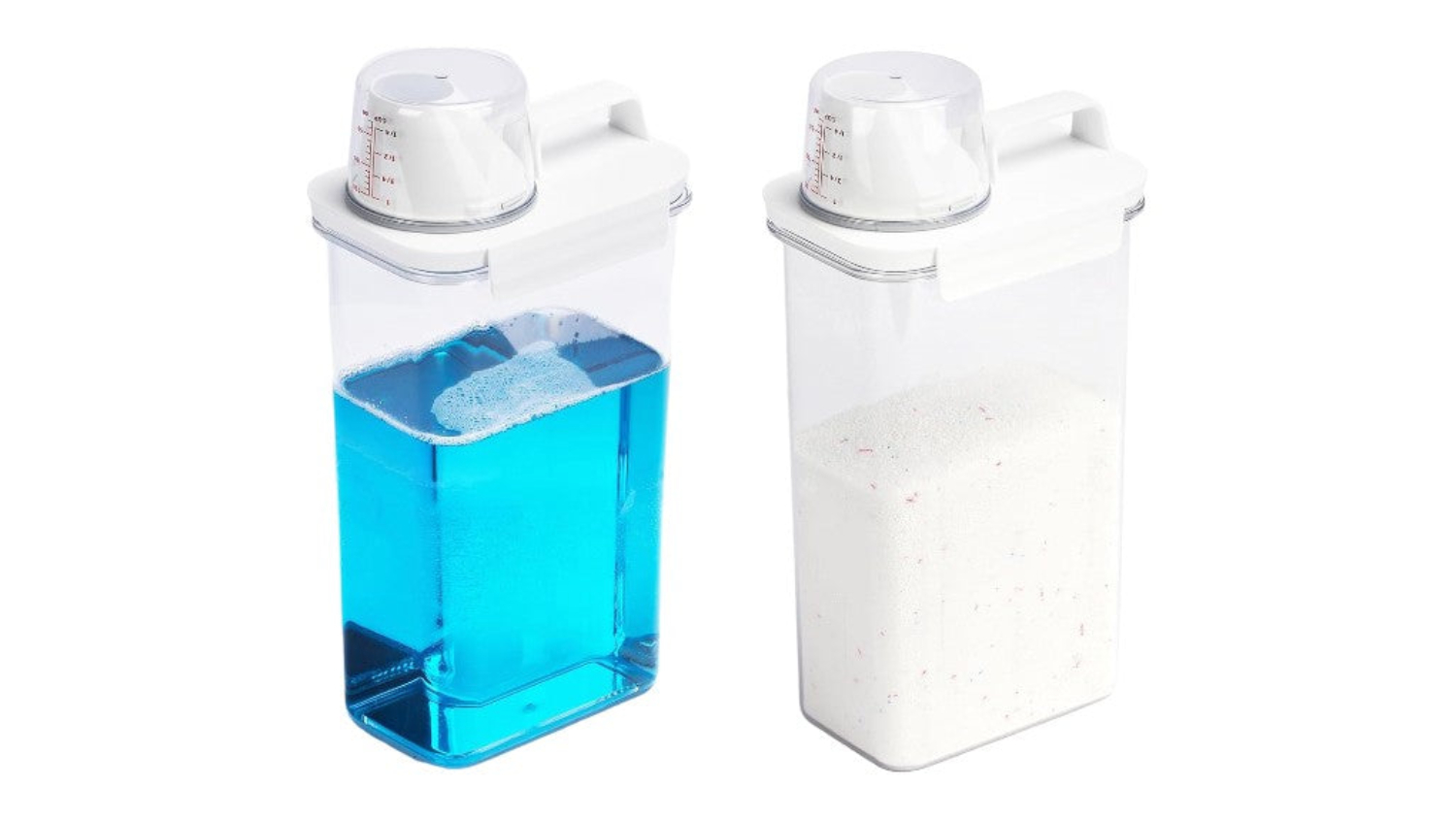 Two transparent laundry containers with measuring caps, one filled with blue liquid detergent and the other with white powder