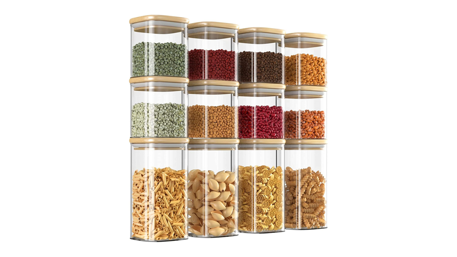 Stack of clear glass jars with bamboo lids filled with colourful pasta, beans, and grains