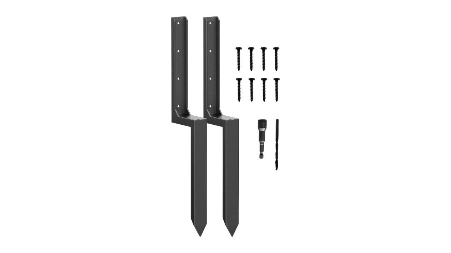 A set of two heavy-duty metal fence repair brackets with screws, a drill bit, and a driver