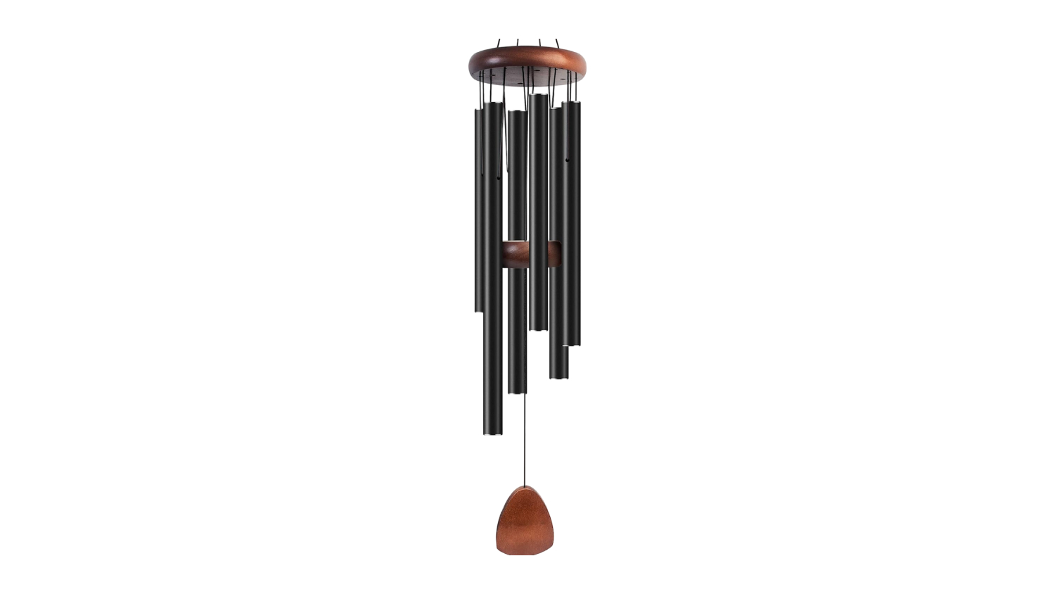 Black aluminium wind chimes with a wooden top and striker
