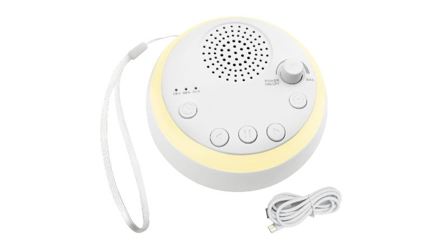 Compact white noise machine with buttons, speaker, night light, lanyard, and USB charging cable
