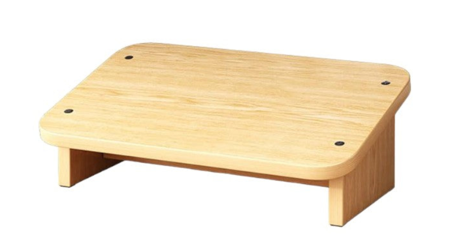 Light-coloured wooden under-desk footrest with rounded corners and a flat angled surface