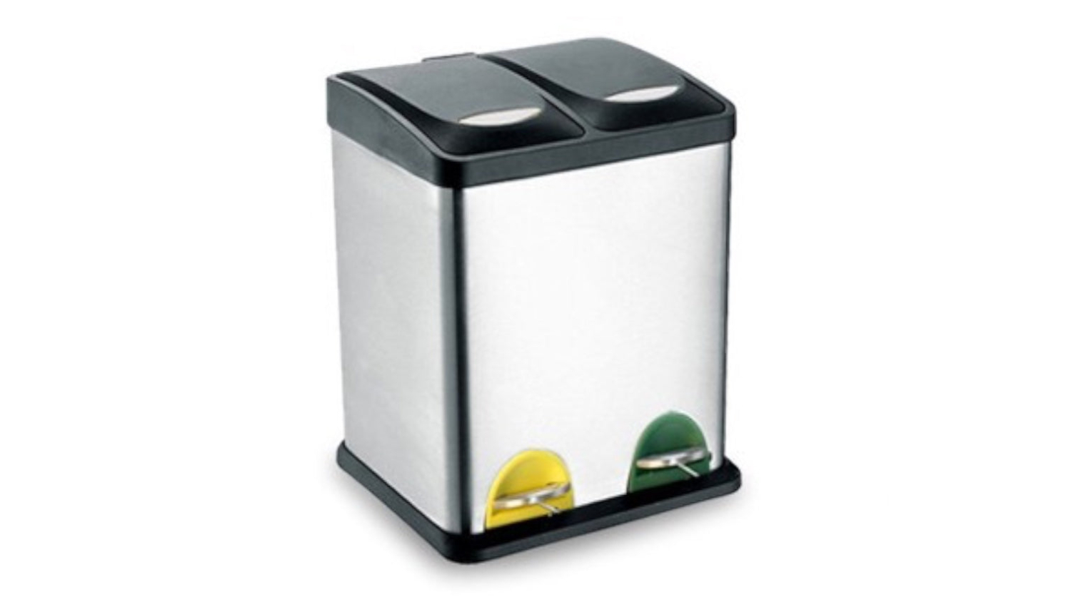 A right-angled view of a dual-compartment waste bin