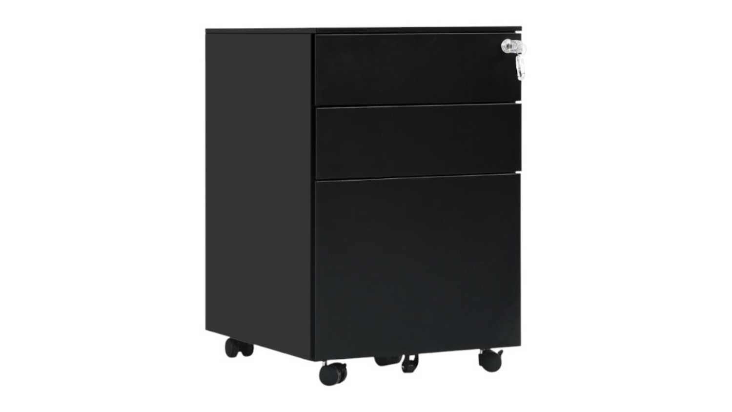 A right-angled view of the metal office cabinet with lock and stationery trays