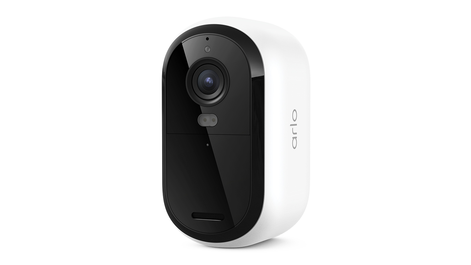 An Arlo wire-free security camera with a black front panel and white casing