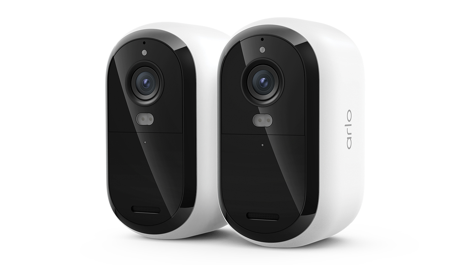 Two Arlo wire-free security cameras with a black front panel and white casing