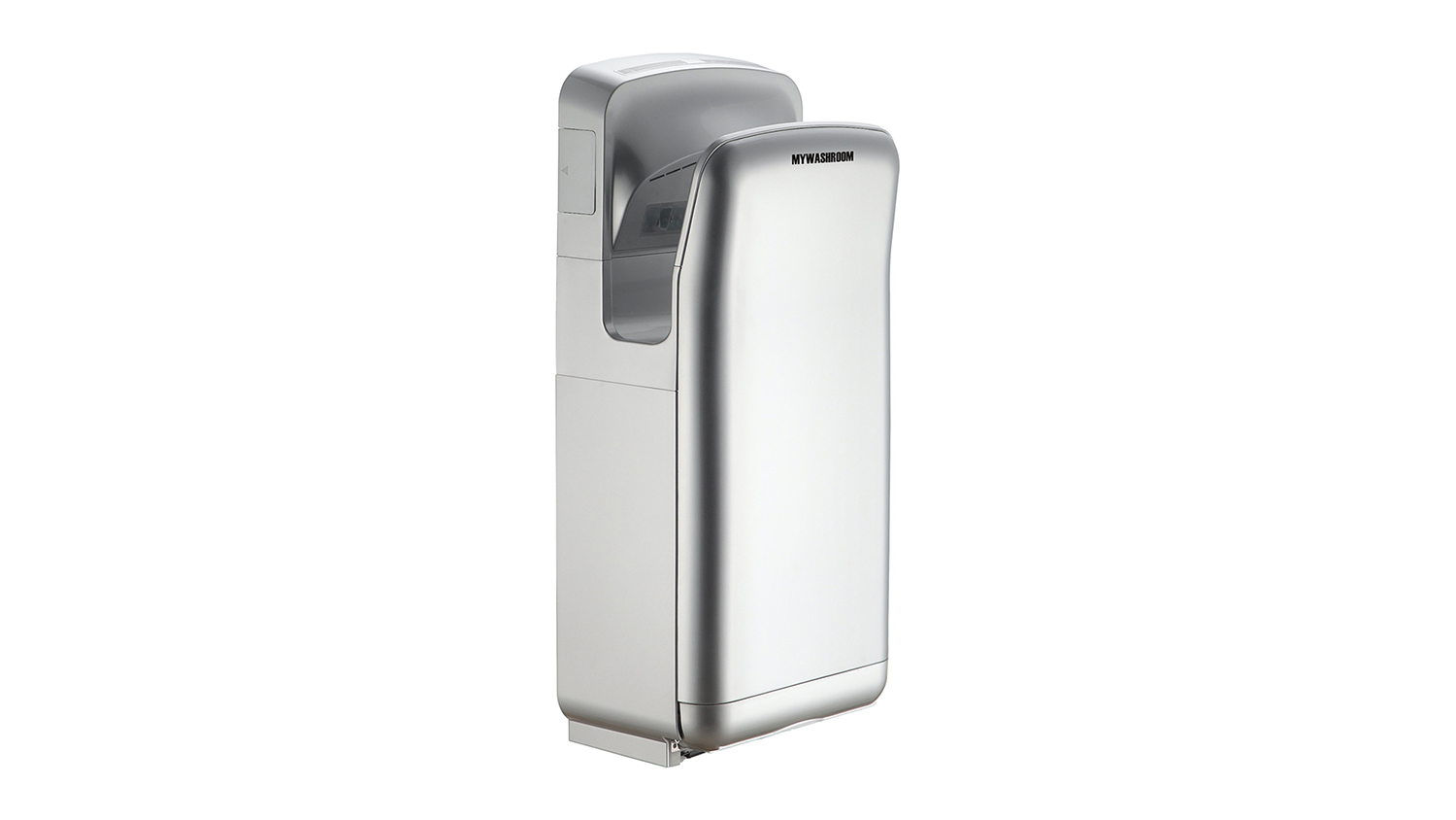 Full view of a sleek, silver, upright jet hand dryer with the "MYWASHROOM" logo visible