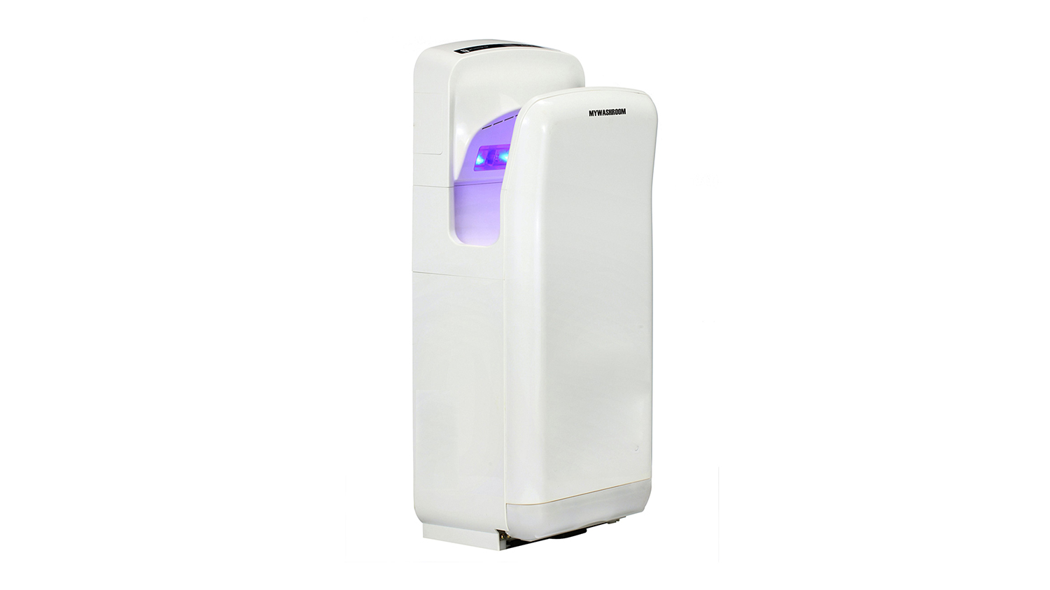 Full view of the tall, white, upright jet hand dryer with blue light visible in the drying chamber