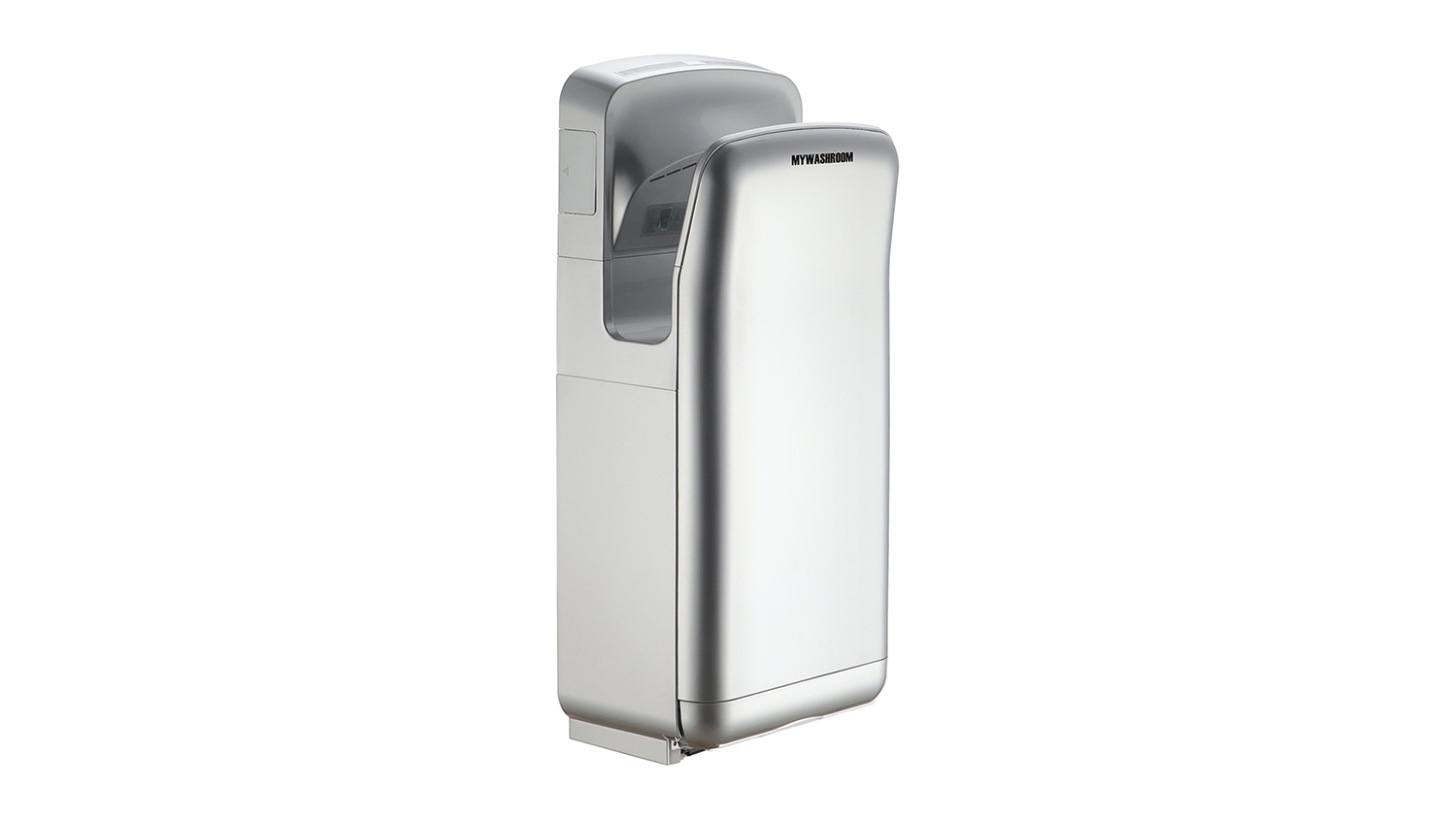 Full view of a sleek, silver, wall-mounted commercial jet hand dryer