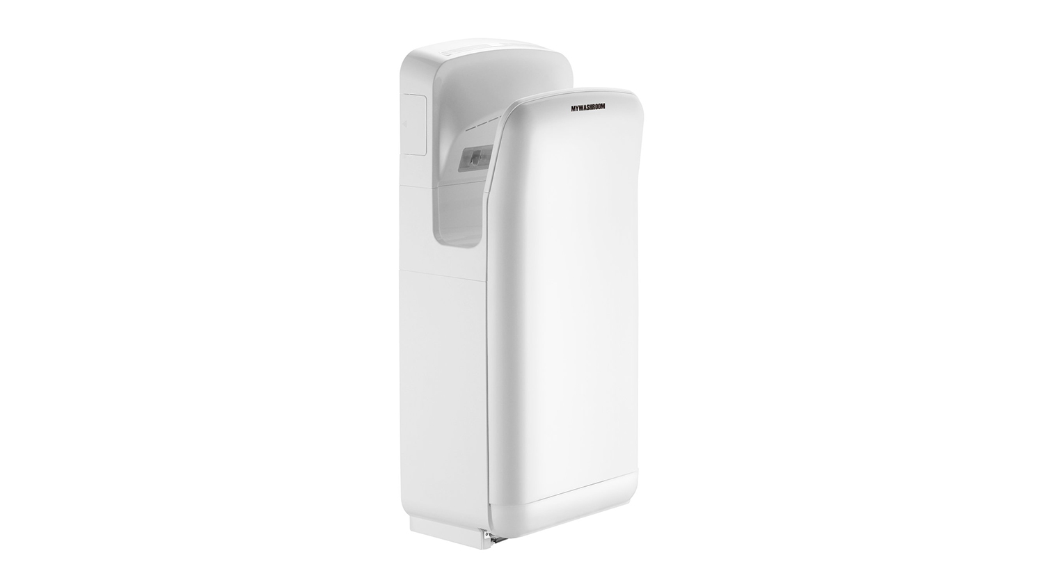 Full view of a sleek, white, wall-mounted commercial jet hand dryer