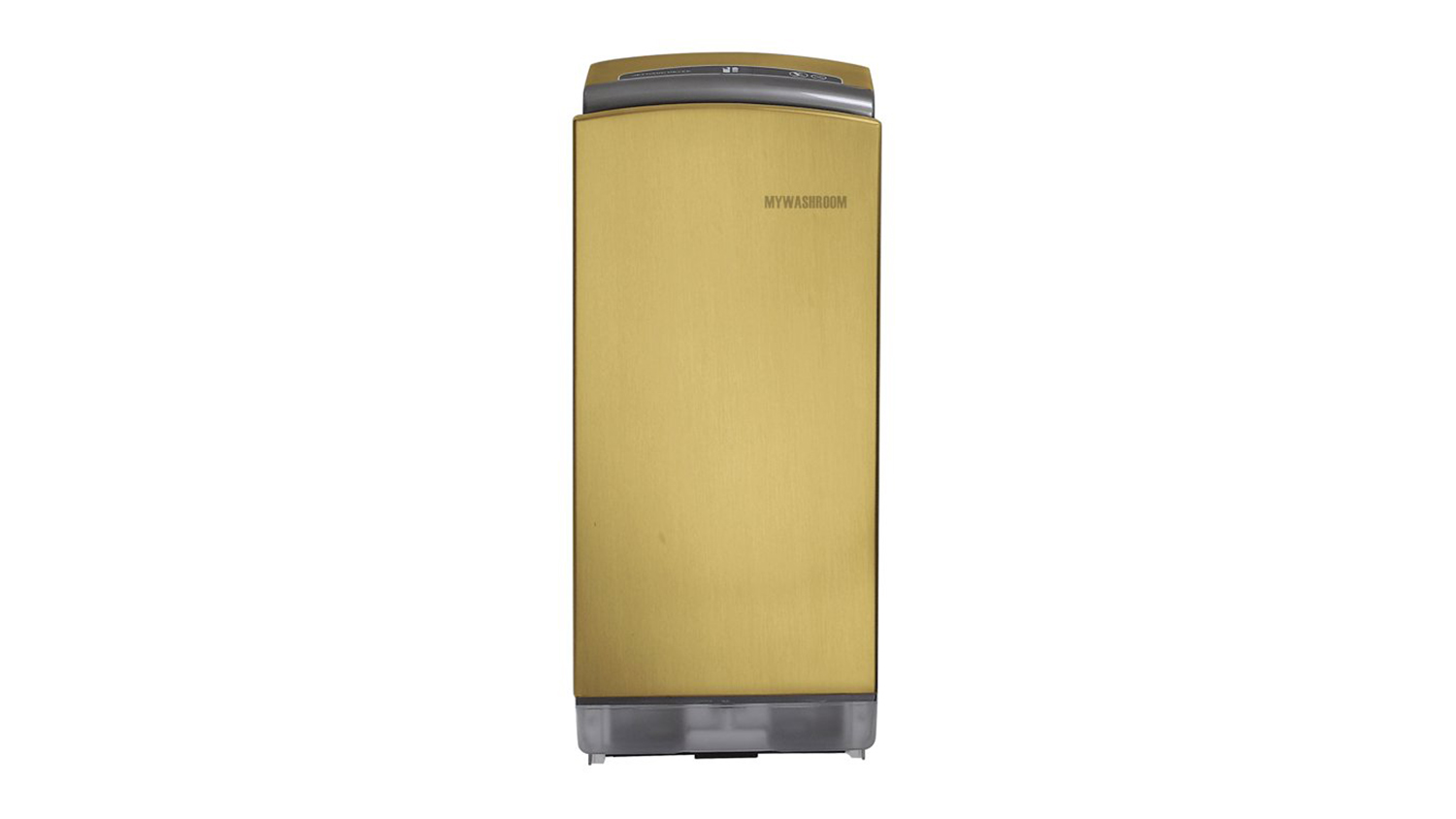 Front view of a sleek, gold commercial hand dryer