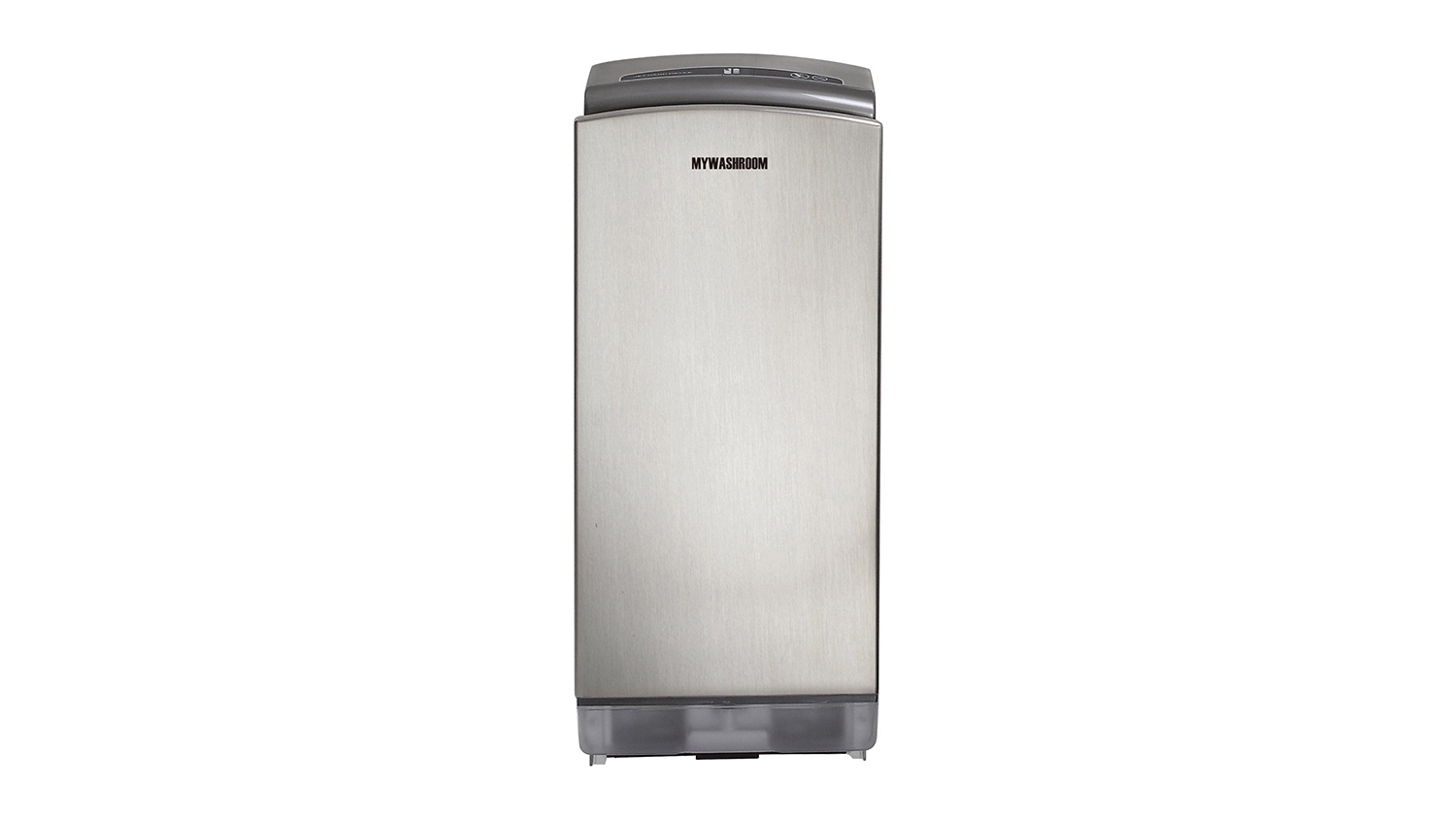 Full front view of the tall, commercial hand dryer in a silver finish