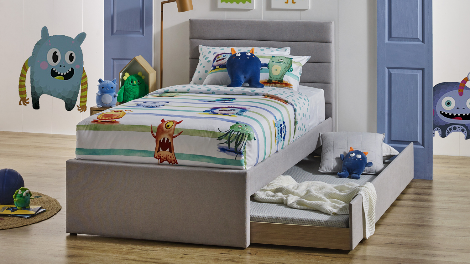 Potter Single Upholstered Bed Frame with a panel headboard and the trundle fully pulled out