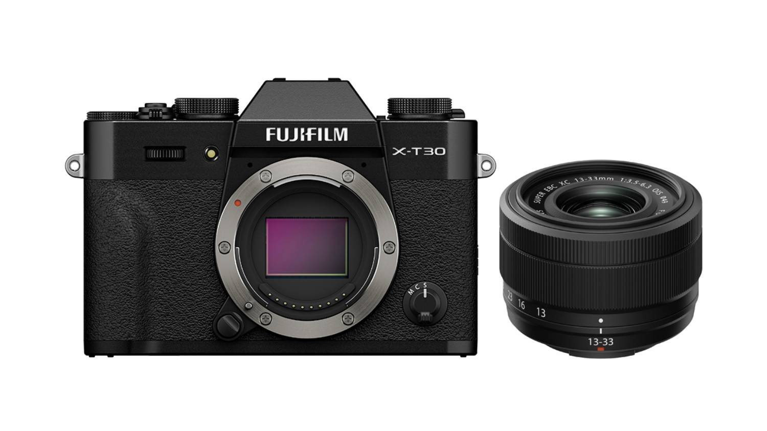 Fujifilm X-T30 III camera body in black, next to an XC 13-33mm f/3.5-6.3 OIS lens
