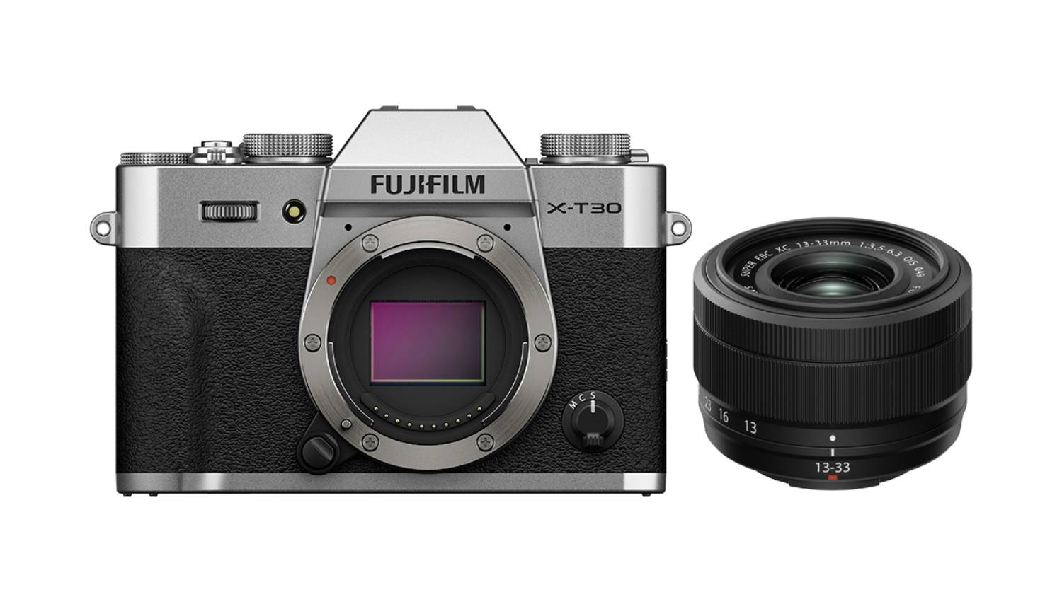 Fujifilm X-T30 III black and silver camera body, next to an XC 13-33mm f/3.5-6.3 OIS lens