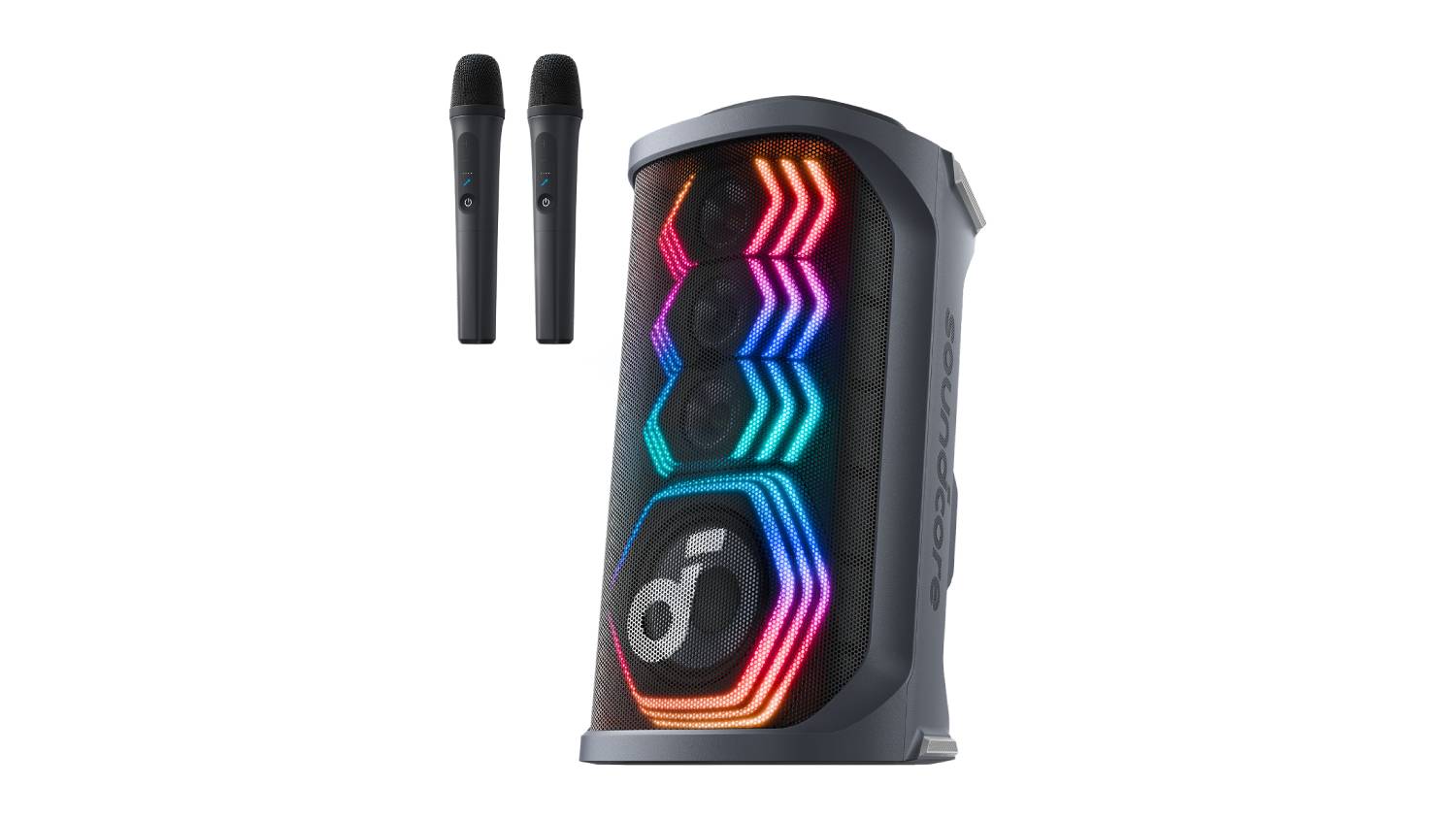 Angled view of the Soundcore Rave 3S speaker with vibrant LED lights, shown alongside two black wireless microphones