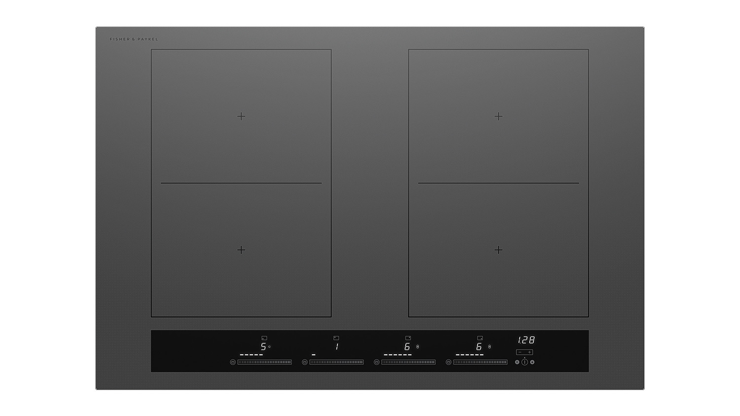 Fisher & Paykel 80cm 4 Zone Induction Cooktop in grey, featuring four cooking zones and a sleek touch control panel