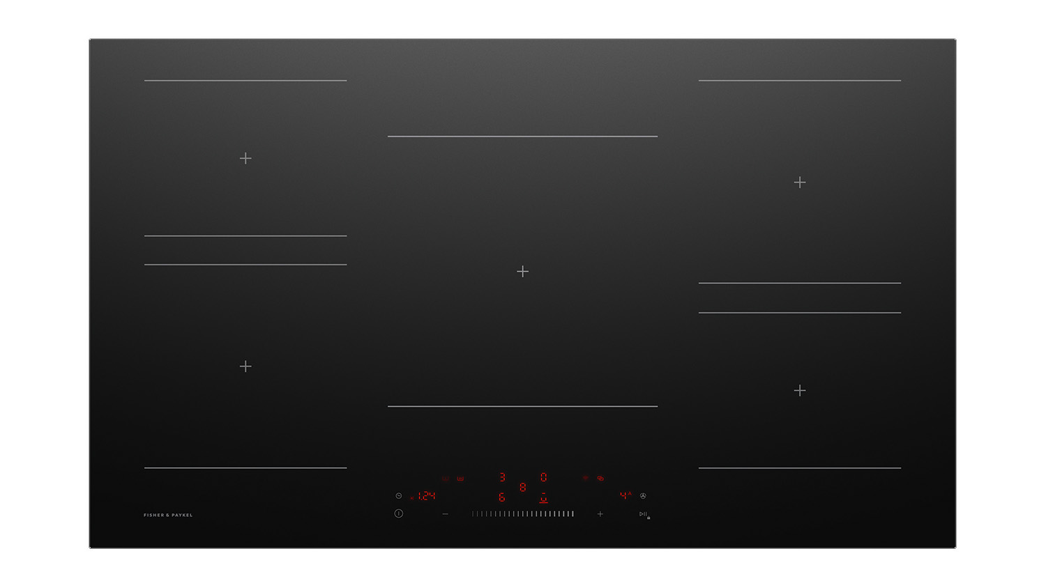 Top view of the Fisher & Paykel 90cm Smart 5 Zone Induction Cooktop in black, featuring five cooking zones