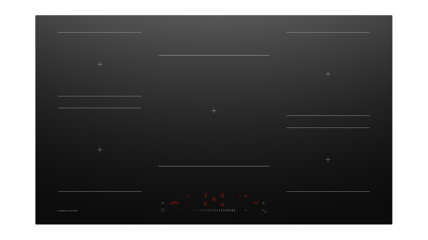 Top view of the Fisher & Paykel 90cm Smart 5 Zone Low Current Induction Cooktop in black, featuring five cooking zones