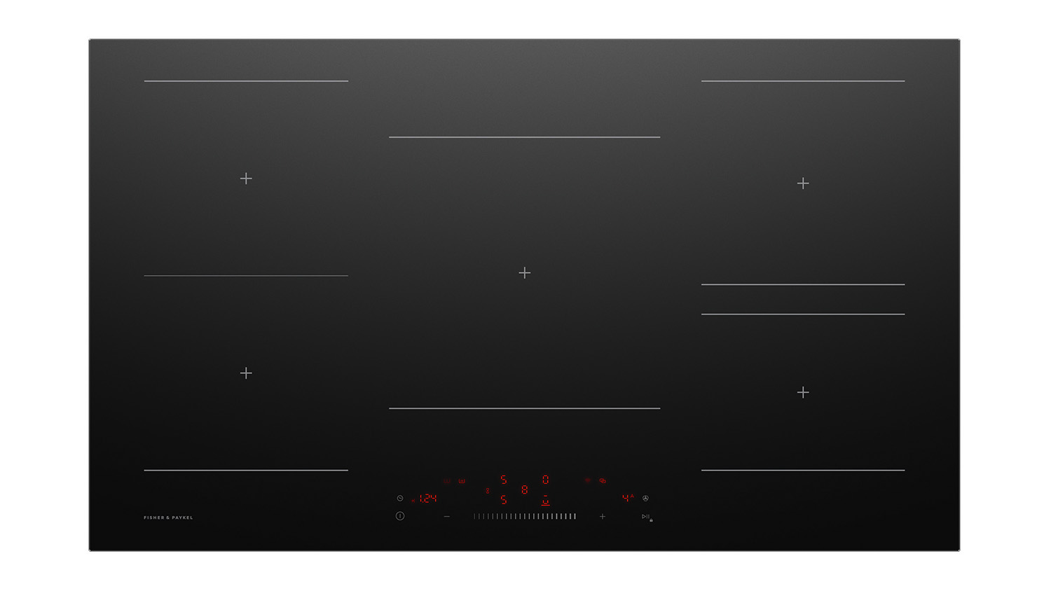 Top view of Fisher & Paykel 90cm Smart 5 Zone Low Current Induction Cooktop in black, featuring five cooking zones