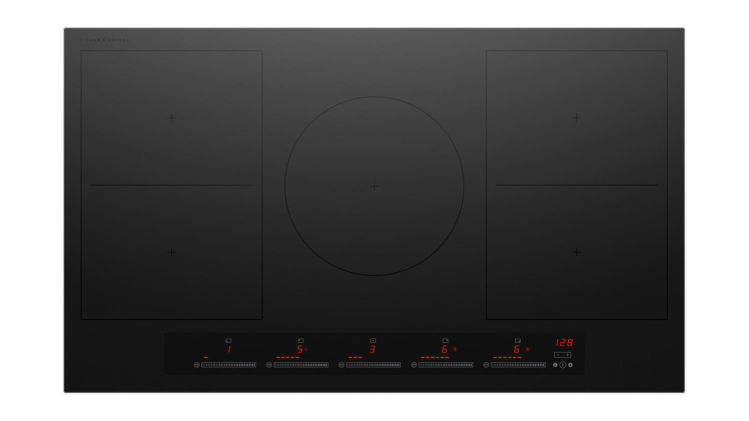 Fisher & Paykel 90cm 5 Zone Induction Cooktop in black, featuring a sleek glass surface with five cooking zones