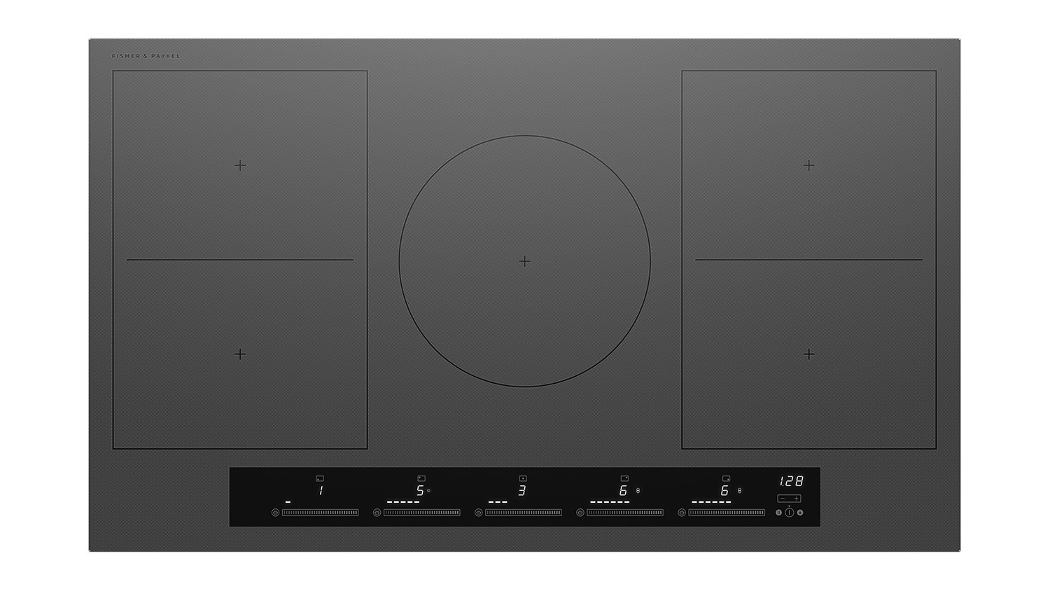 Fisher & Paykel 90cm 5 Zone Induction Cooktop in grey, featuring a sleek glass surface with five cooking zones