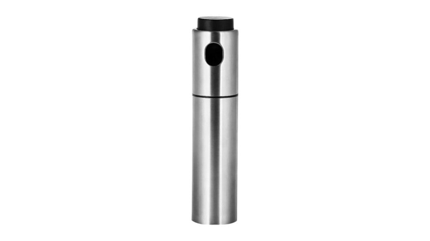 A stainless steel refillable oil dispenser with a black spray nozzle