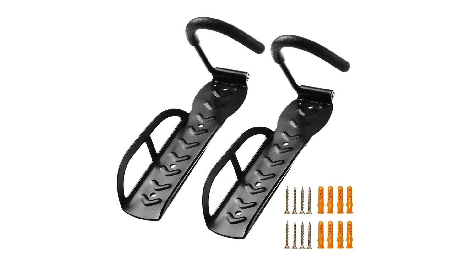 Set of two black wall-mounted bike racks with screws and anchors
