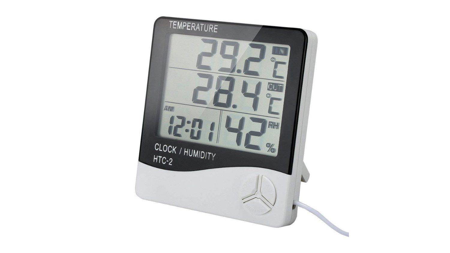 Digital hygrometer showing indoor and outdoor temperature, humidity, and time on a large LCD screen