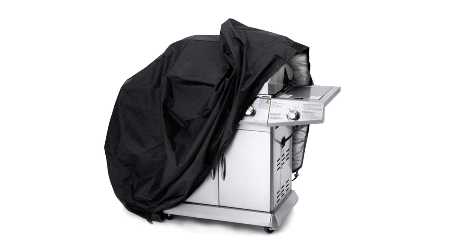Silver gas grill partially covered by a black weather-resistant cover