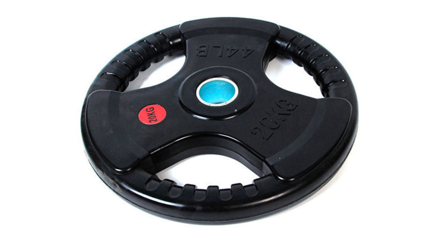 Black 20 kg weight plate with three grip holes and a blue centre ring