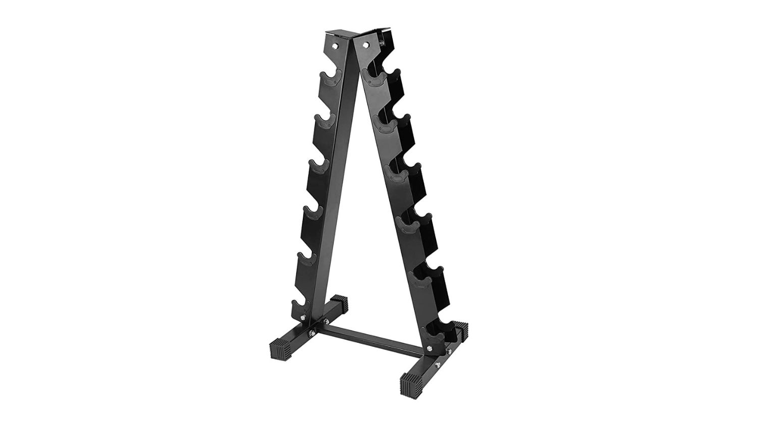 An A-frame steel dumbbell rack with six tiers for holding multiple pairs of weights