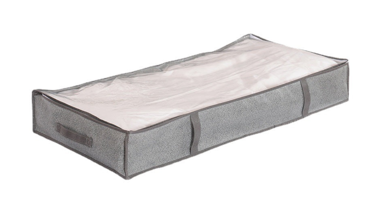 Grey low-profile storage container with clear top and side handles
