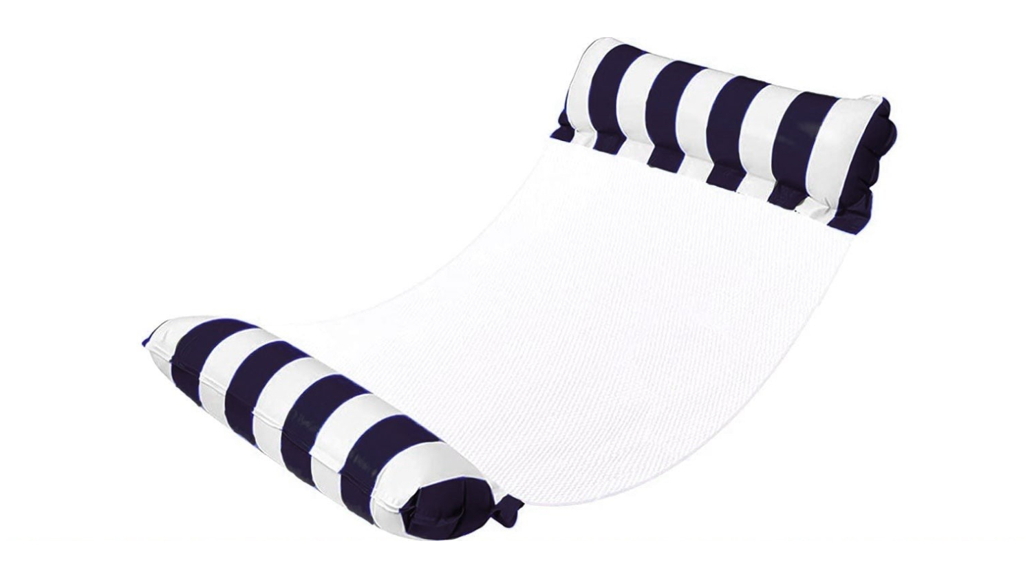 Blue and white striped inflatable water hammock with mesh