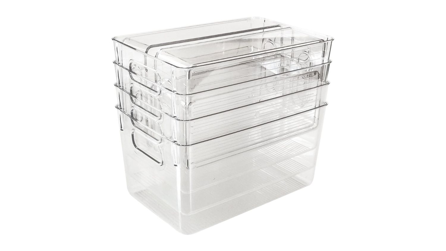 A stack of four clear plastic storage bins nested together