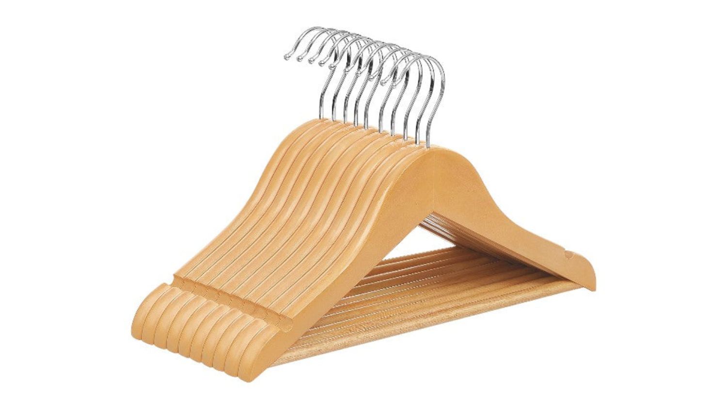 A set of wooden hangers stacked together