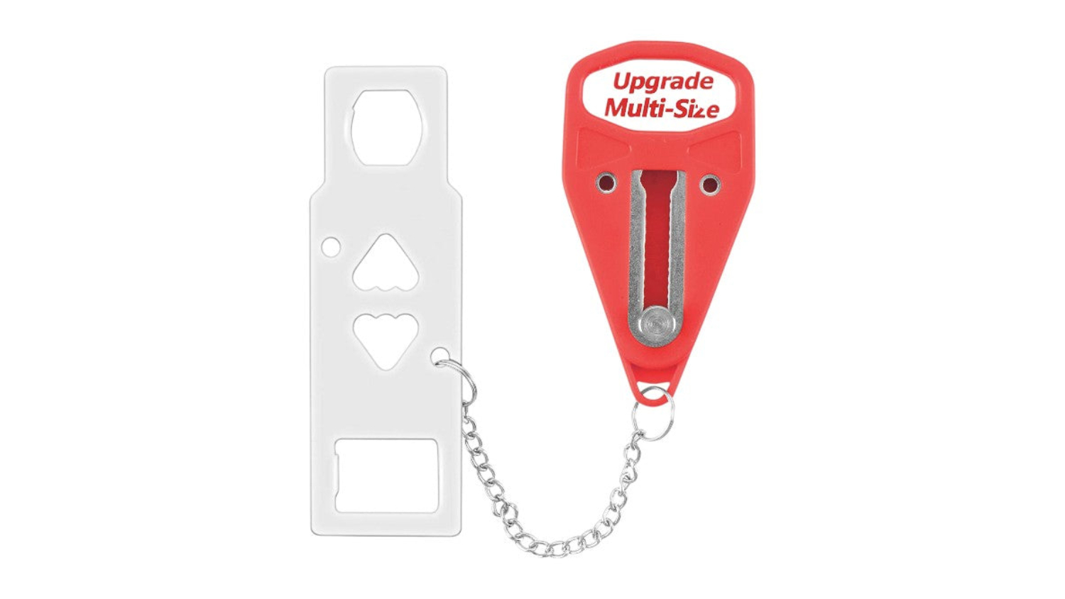 Red portable door lock with a metal insert and a white multi-size plate connected by a small chain