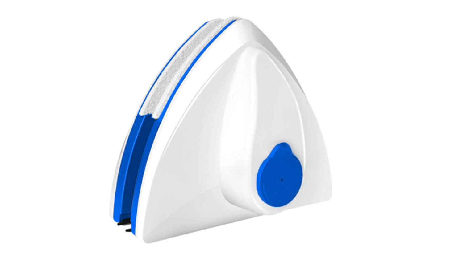 White and blue triangular magnetic glass cleaning brush with felt pads and a knob