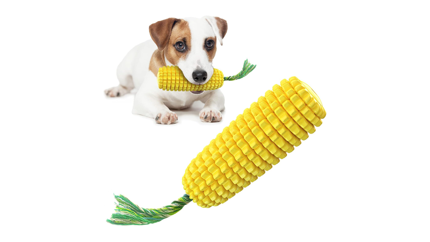 Yellow corn-shaped dog chew toy with green rope placed in front of a dog lying down