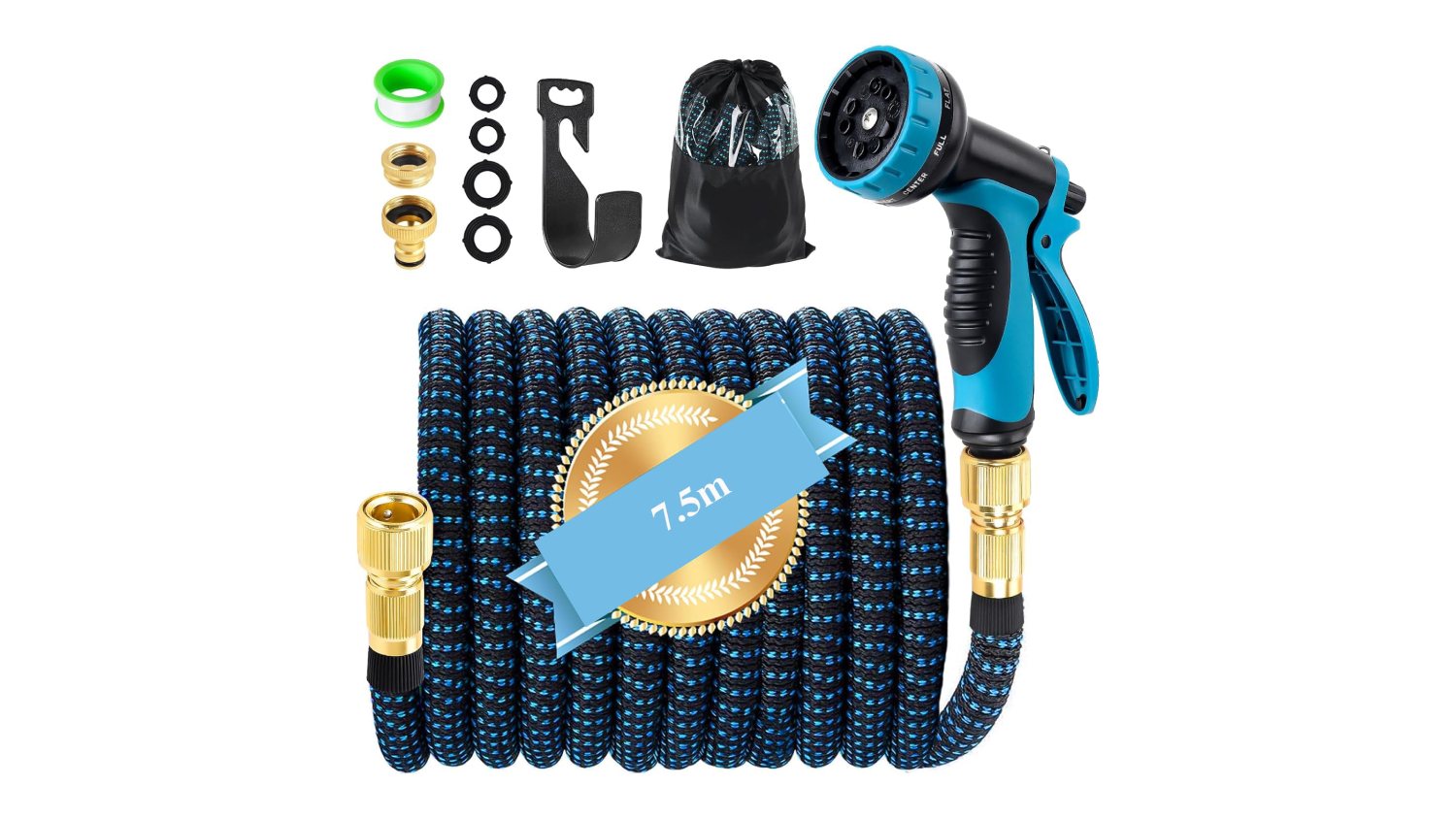 Expandable garden hose set with spray nozzle, brass connectors, washers, storage bag, and hanger