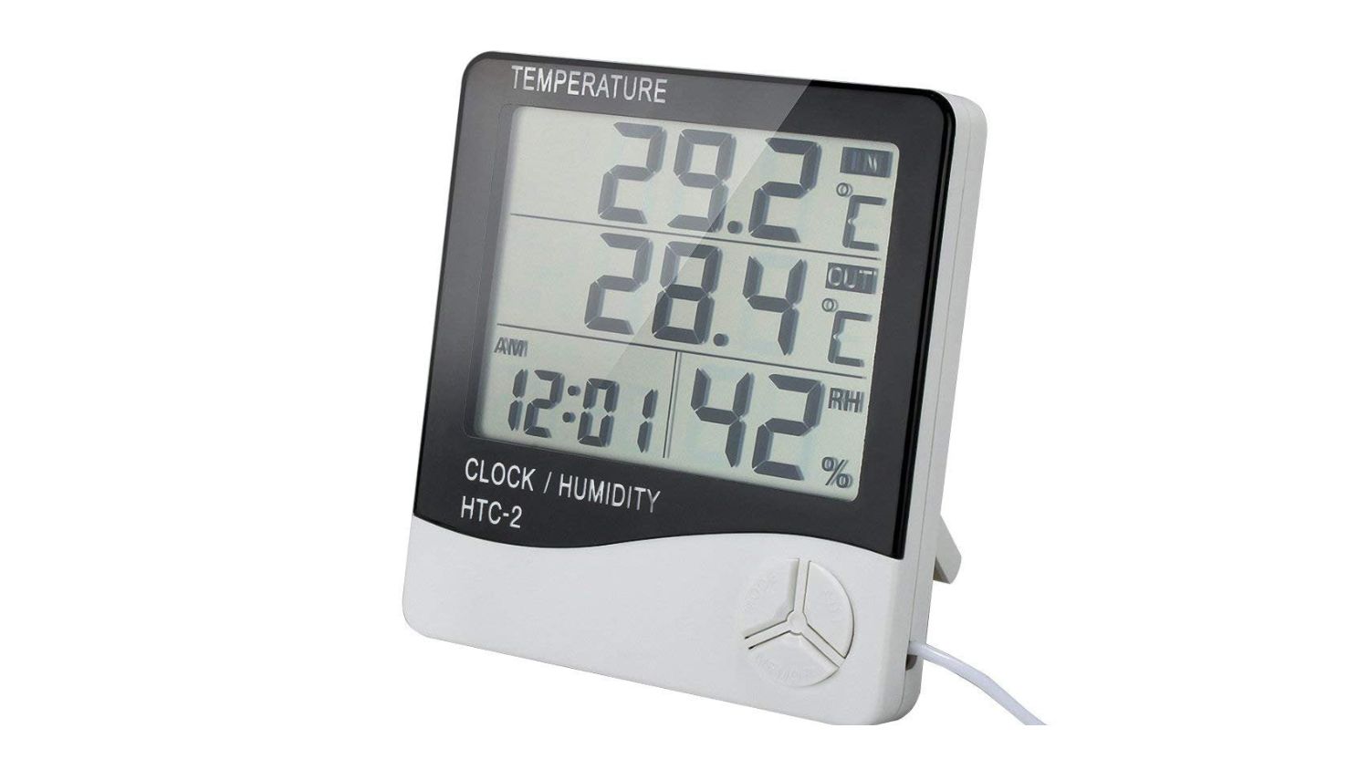A left-angled view of an indoor digital hygrometer