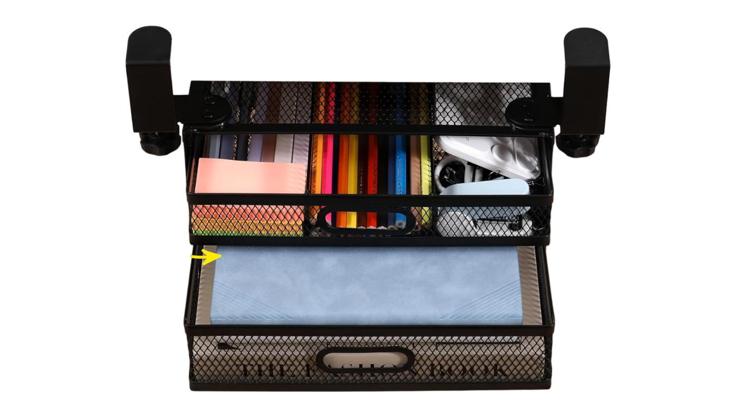 Two-tier mesh drawer with clamps storing notebooks, pens, and office accessories