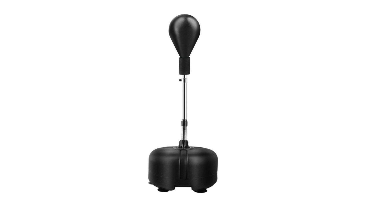 Black freestanding reflex punching bag with round base, steel spring, and adjustable height pole