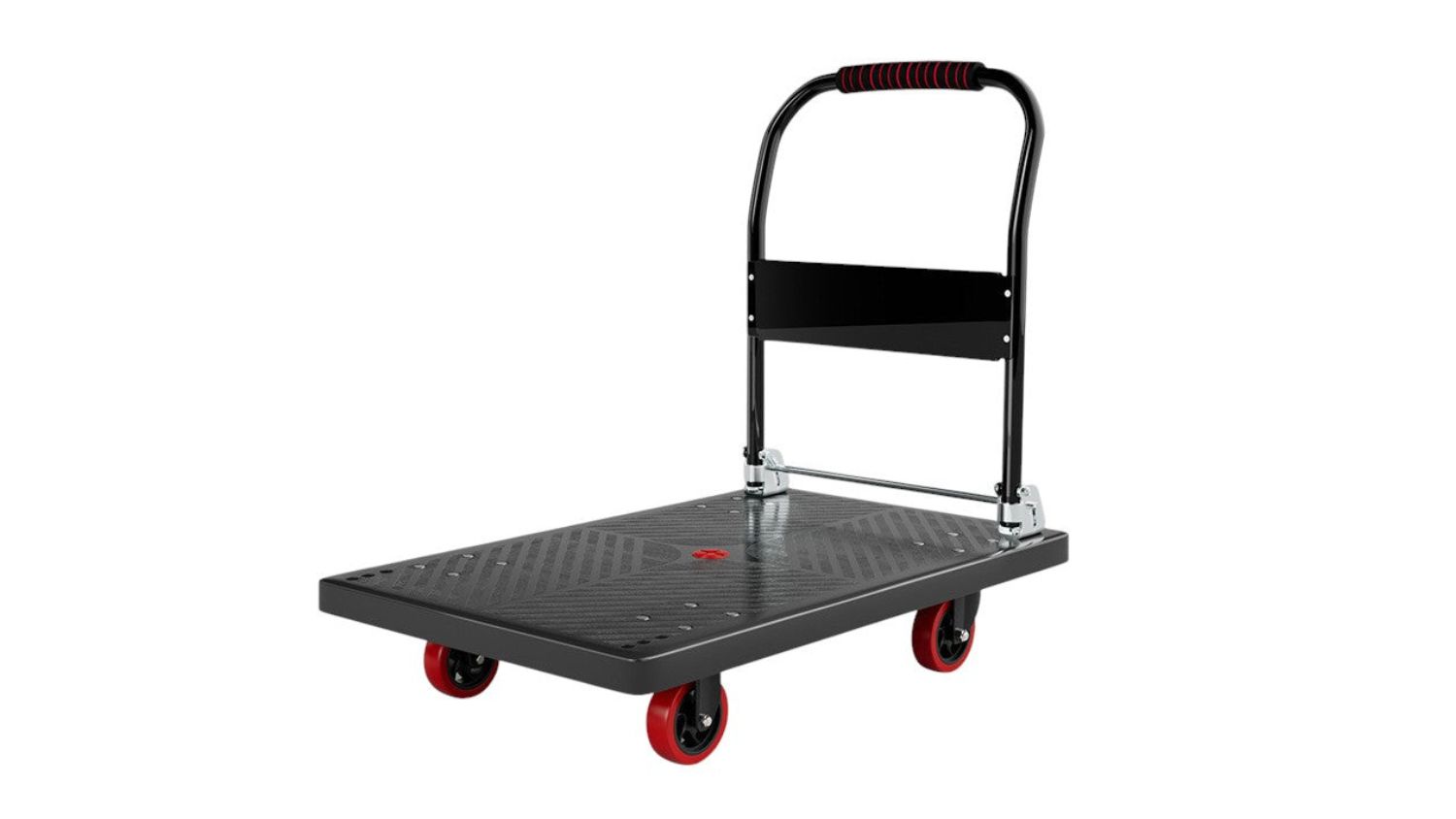 Black foldable transport trolley with four red wheels and a steel handle